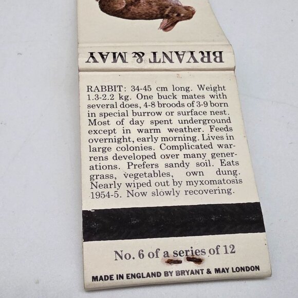 Vintage Bryant & May Wild Animals Of Britain Matchbook Series No. 6 Rabbit - Picture 3 of 5